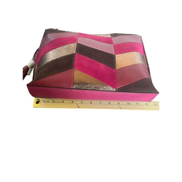 NWT Sam Edelman Chevron Suede Leather Patchwork Fringe Clutch Red/ Brown - Picture 3 of 15